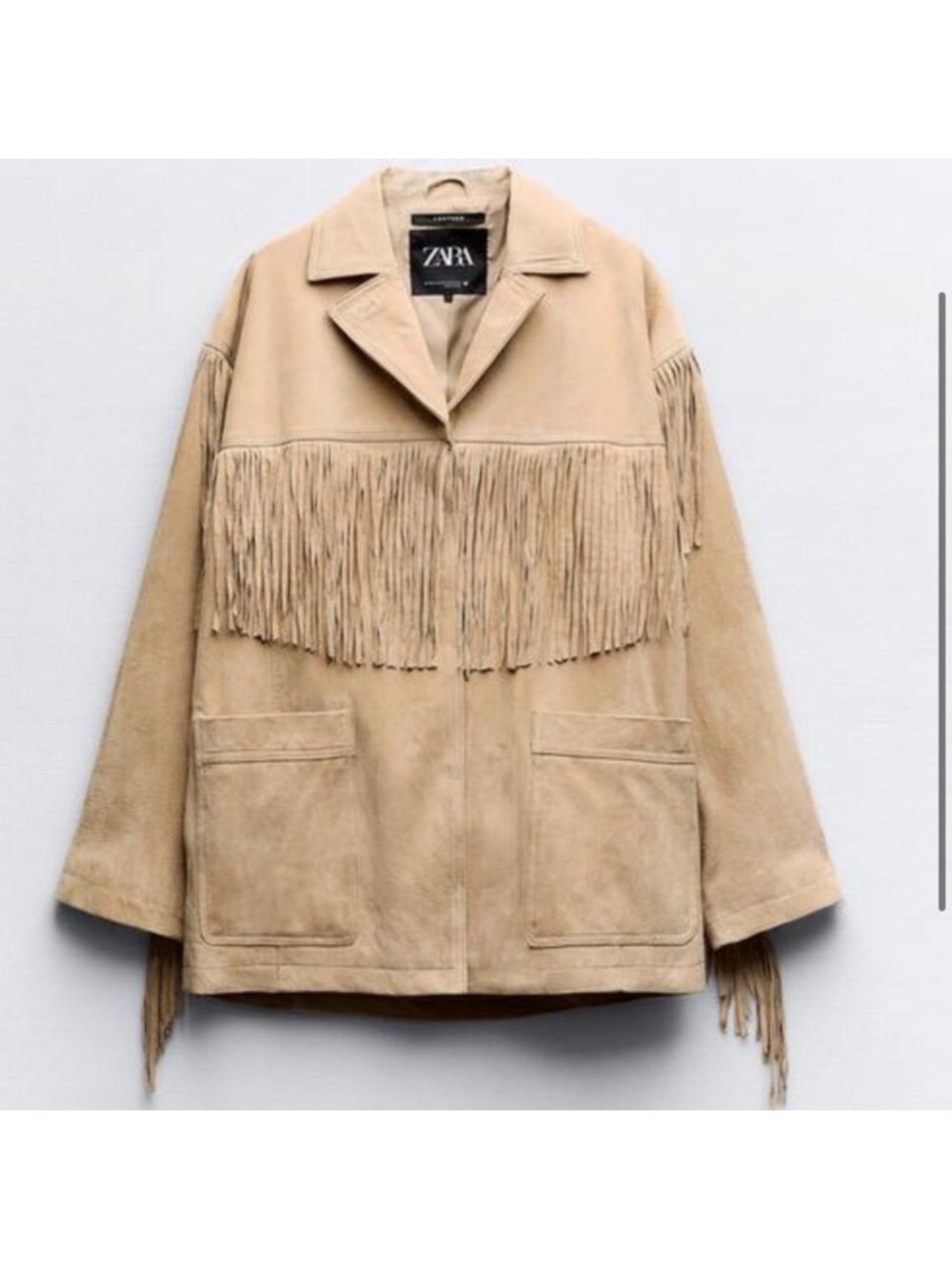 Zara 100% Real Leather Beige Fringe Oversized Jacket